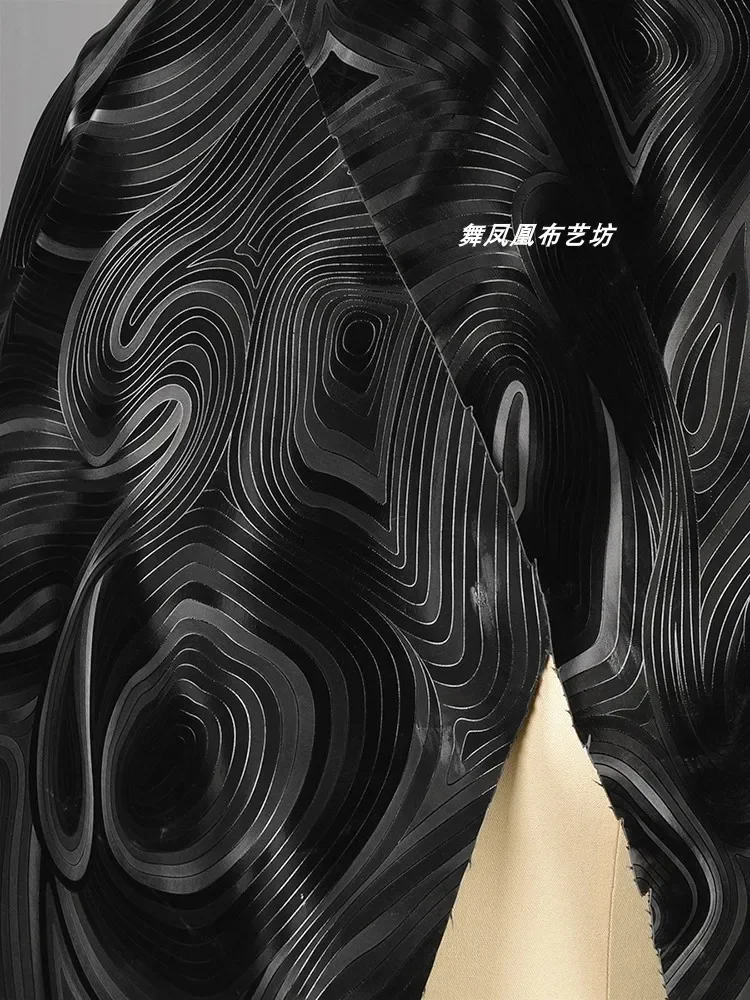 Black Leather Fabric Water Textured Silhouette Clothing Jacket Creative Designer Fabric Cloth for Diy Sewing by Meters Material