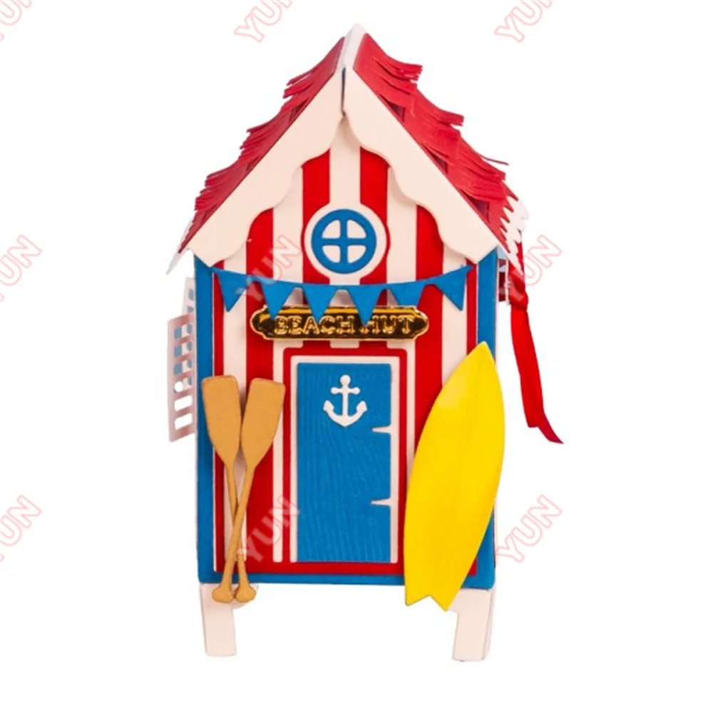 2025 새로운 다이 및 스탬프 파라다이스 비치 오두막 선물 상자 다이 세트 우표 DIY Scrapbooking 인사말 카드 장식 수제 금형