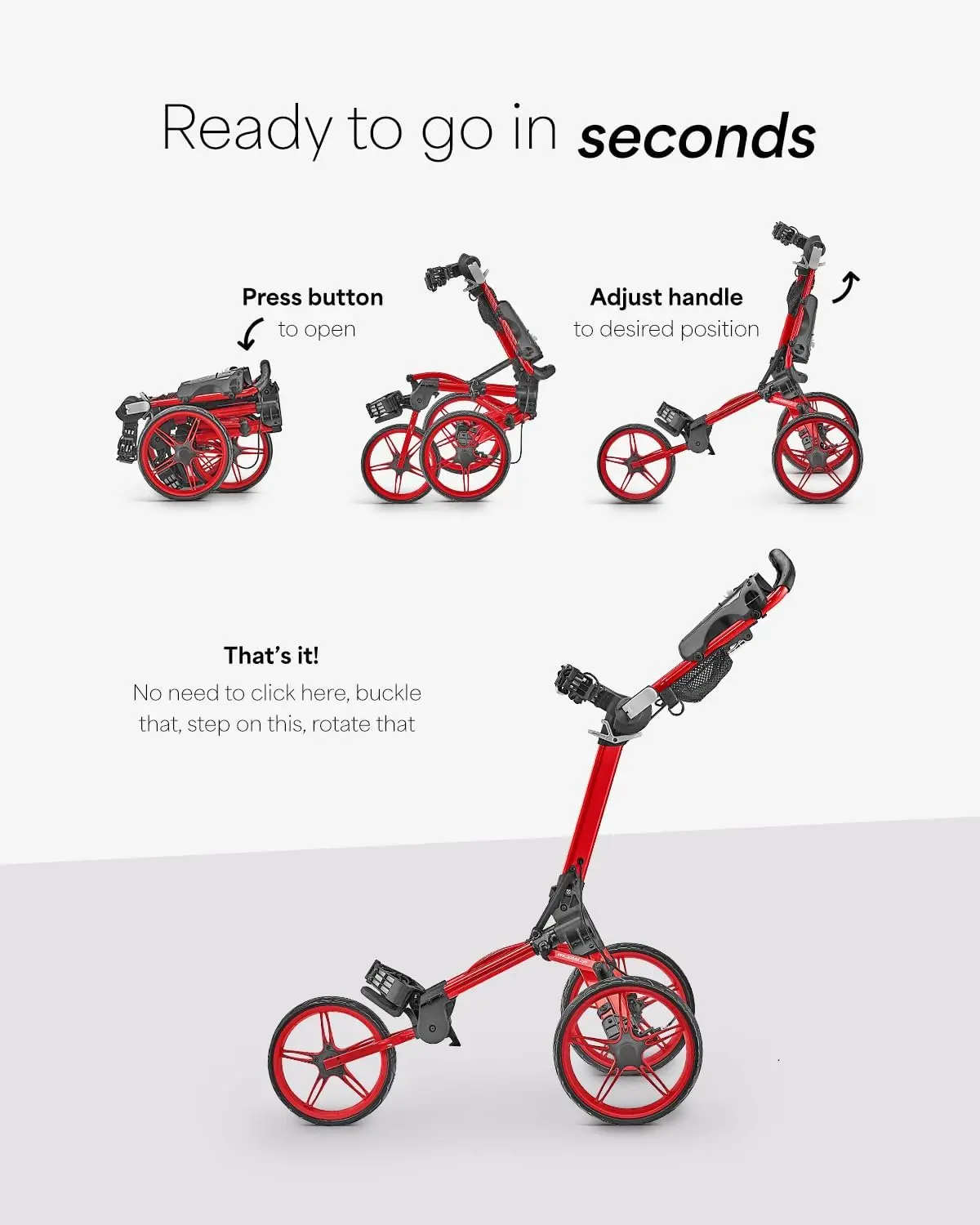 Compact 3 Wheel Golf Push Cart, One Click Folding Design, Smallest Folded Footprint, 32" Wide Wheelbase with