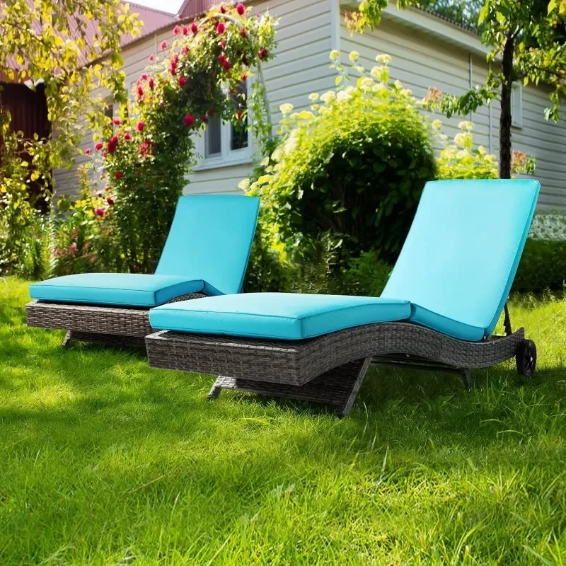 Lounge Chair Set of 2 Outdoor Rattan Sunbathing for Outside Reclining Chair with Cushion Blue S Type Adjustable Backrest Wheels