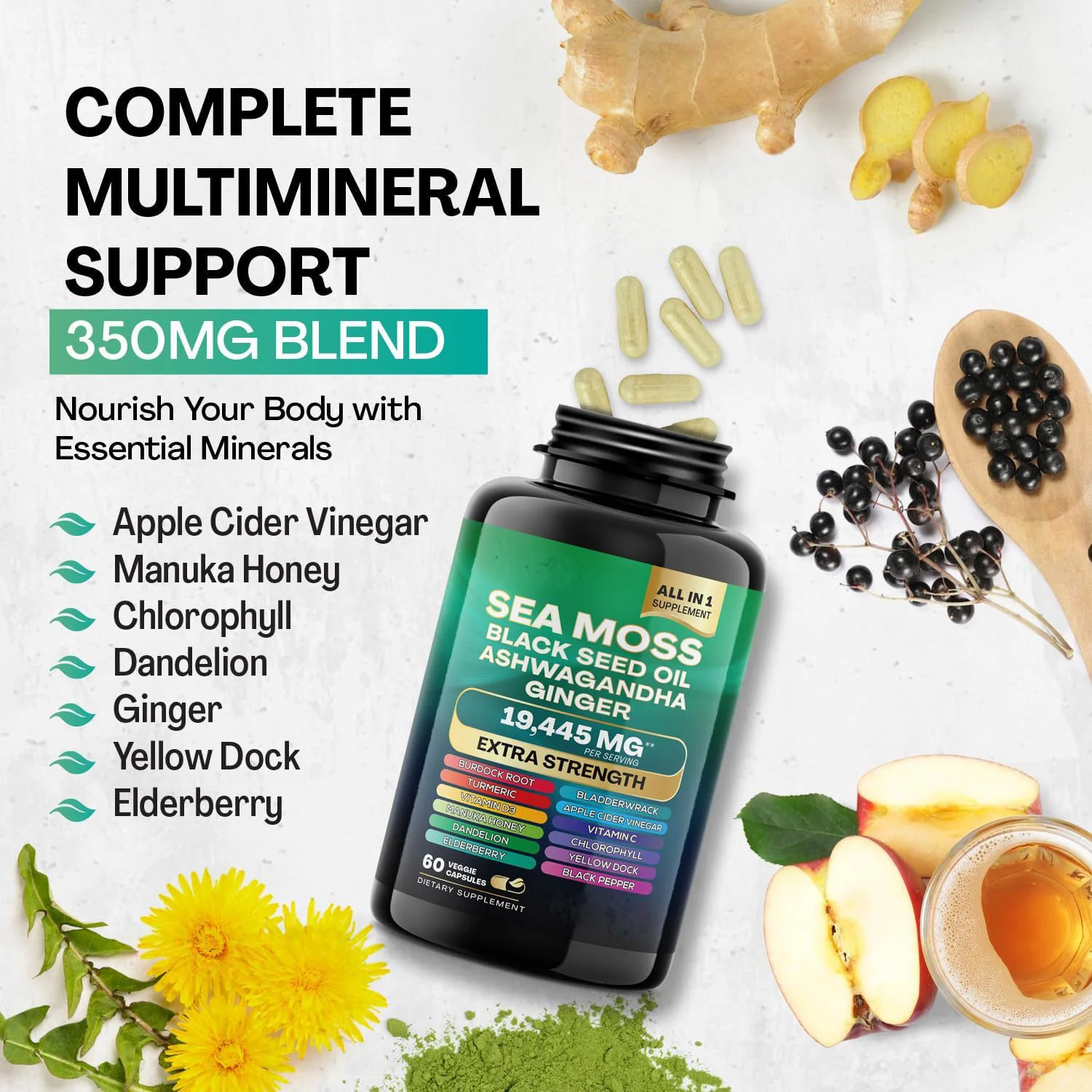 8 In 1 Organic SHILAJIT Ashwagandha Capsules All In 1 See Moss Capsules with Black Seed Oil Health Support