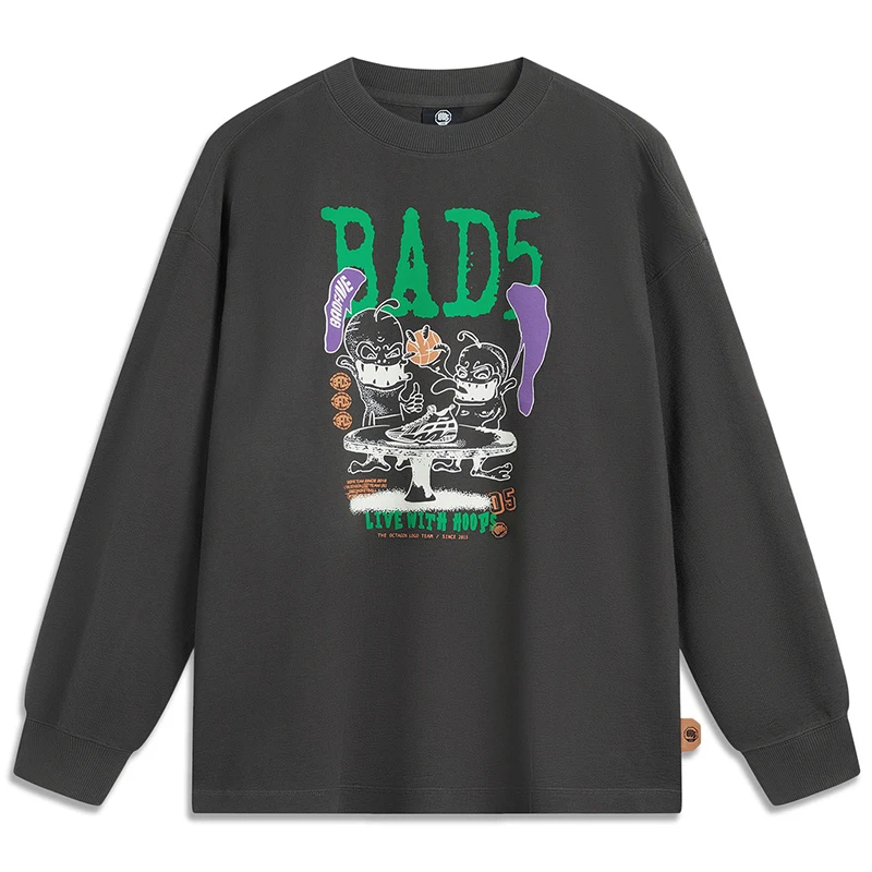 Li-Ning Men BADFIVE Basketball Sweatshirt Loose Fit Cotton Long Sleeve O-Neck Comfortable Tops Pullover AWDU507