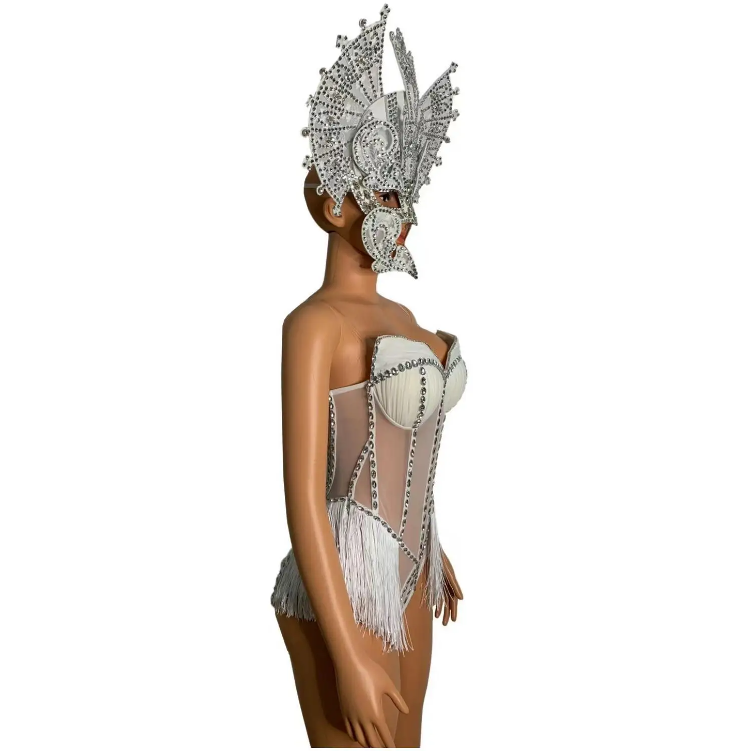 Luxury Fashion Headwear Bra  Diamond Transparent Tassel Jumpsuit Party Nightclub Cosplay Costume Performance Clothing Tieshan