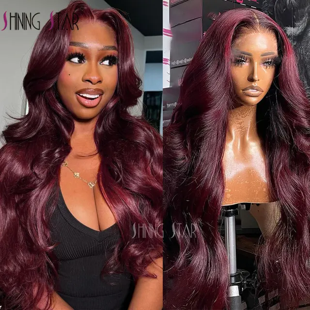 13X4 Wear And Go sans colle dentelle frontale perruque vague de corps couleur bordeaux 13X6 dentelle fermeture perruques de cheveux humains sans colle prêt à porter 1