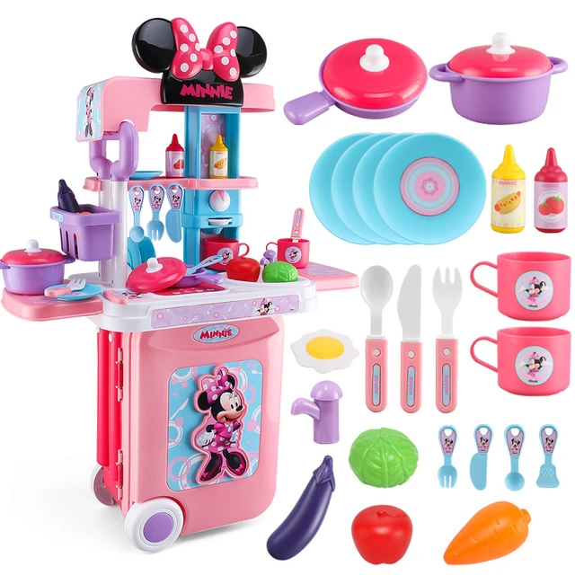 Disney 3 in1 Minnie mouse trolley case kitchen set for kids with light  kitchen tableware play house set toys kids birthday gift - AliExpress