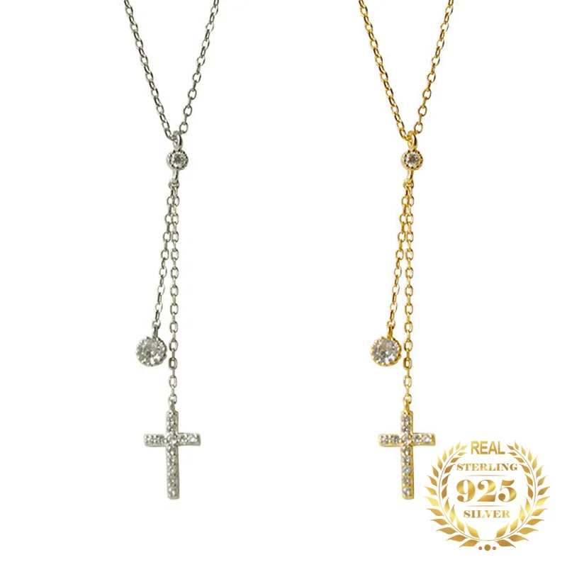 

INS Fashion Gold Plates Jewelry AAA Cubic Zircon Tassel Cross Necklaces For Women Religion Necklace Silver 925