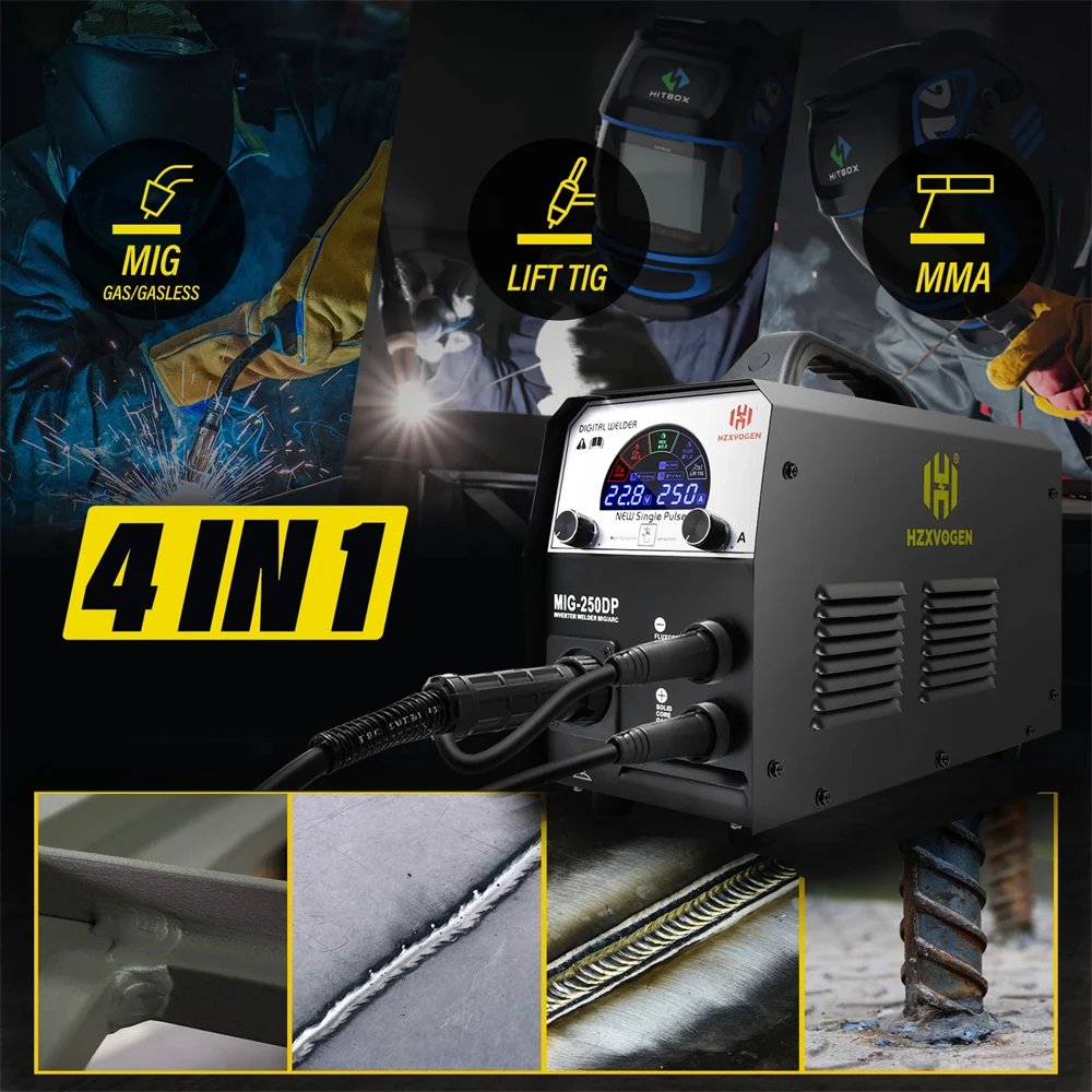 HZXVOGEN 4 in 1 Aluminium Welding Machine MIG/ARC/LIFT TIG Pulse Semi-automatic Digital Display IGBT Inverter Welder MIG250DP 6