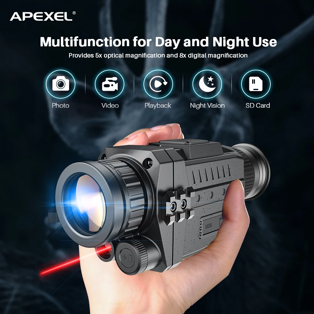 

Монокулярный Инфракрасный цифровой телескоп APEXEL 5X-8X с функцией ночного видения, с видеозаписью и фото, для двойного использования, для охоты