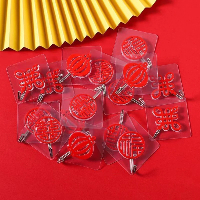 2Pcs Red Chinese Style Hooks No-punching Self Adhesive Hook Chinese Knot Lantern Lucky Hooks New Year Spring Festival Home Decor