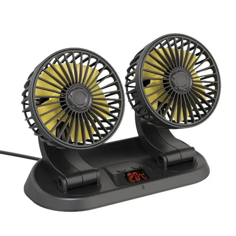 

Car Fan Dual Head 360 Degrees Rotatable Cooling Air Fan 3 Speed Adjustable Portable Fan With Lighter Plug For Home Office