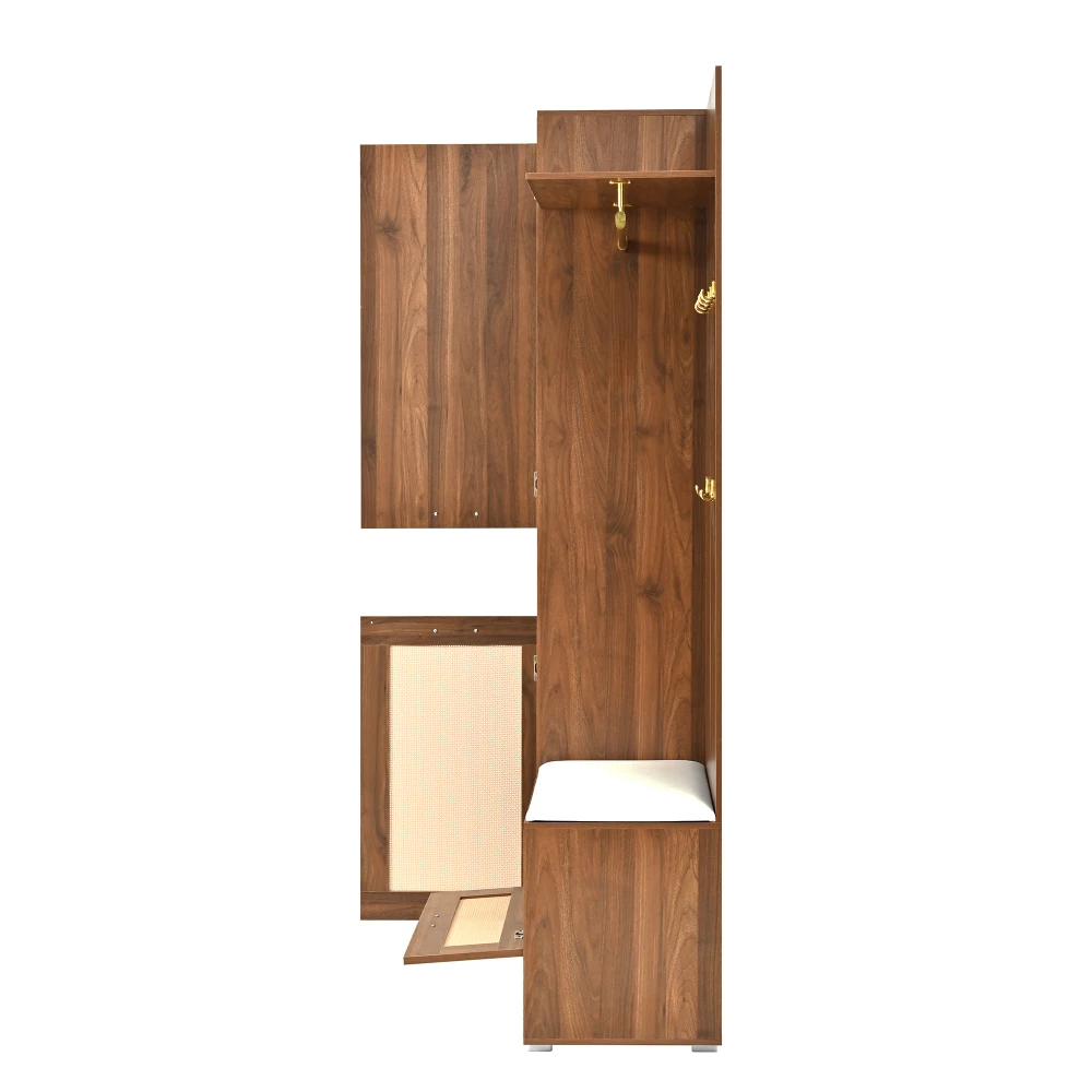 Modernes Kleiderschrank-Set mit Spiegel und LED-Beleuchtung, 6 goldene Haken + Schuhschrank + Sitzbank, Kleiderschrank mit oberem Ablagefach – Detail 15