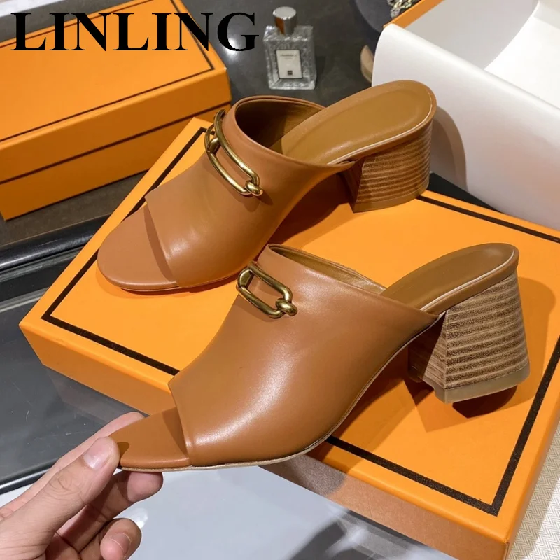 

Women Casual Shoes Designer Summer Chunky High Heels Flip-Flops Genuine Leather Metal Decor Beach Slippers Zapatos De Mujer 2023