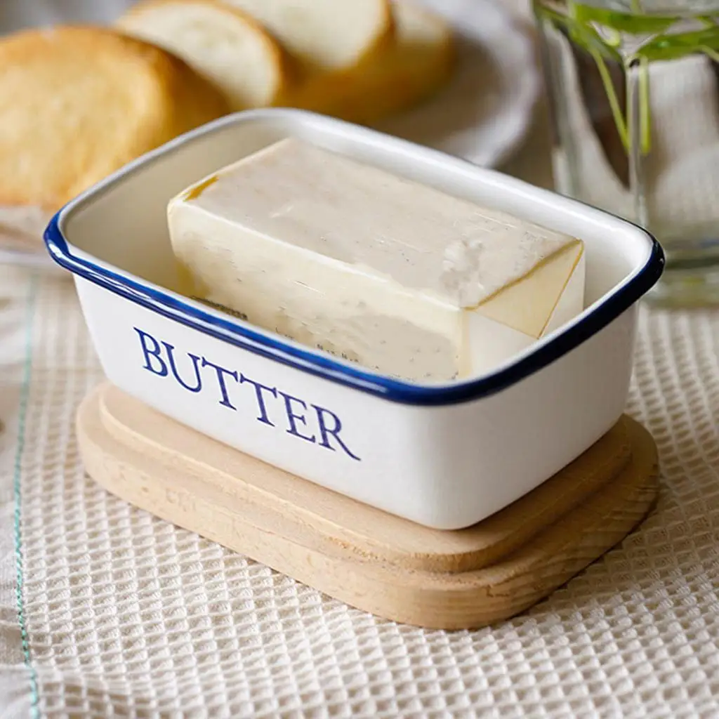 Enamel Butter Dish with Lid Holder Flanging Preservation Vintage Butter Keeper for Countertop Daily Use Refrigerator Cheese Nuts
