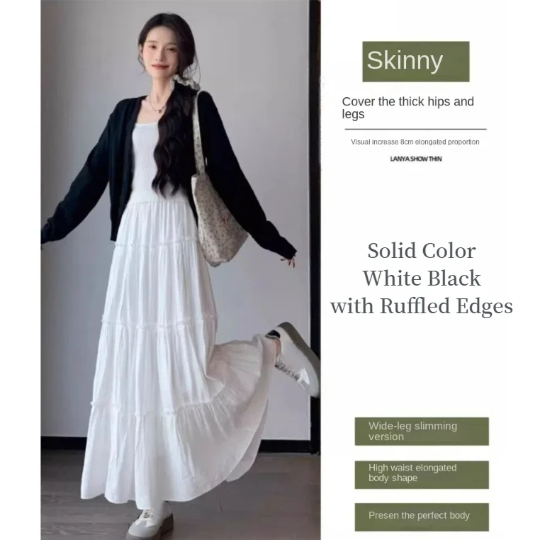Solid Color Ruffle Half Dress Skirt Women with Ruffled Edges White Black Long Cake Skirt Korean Style Chic Half Dress
