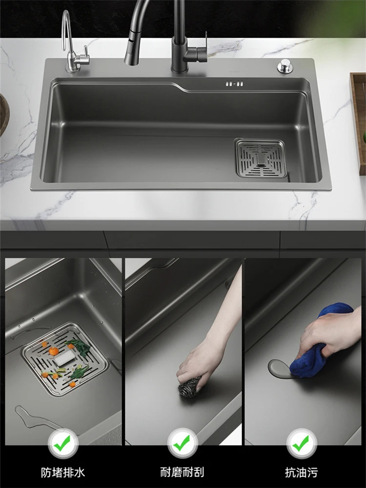 

75x45cm gray 304 stainless steel nano sink three-hole large single-slot handmade under-counter kitchen home