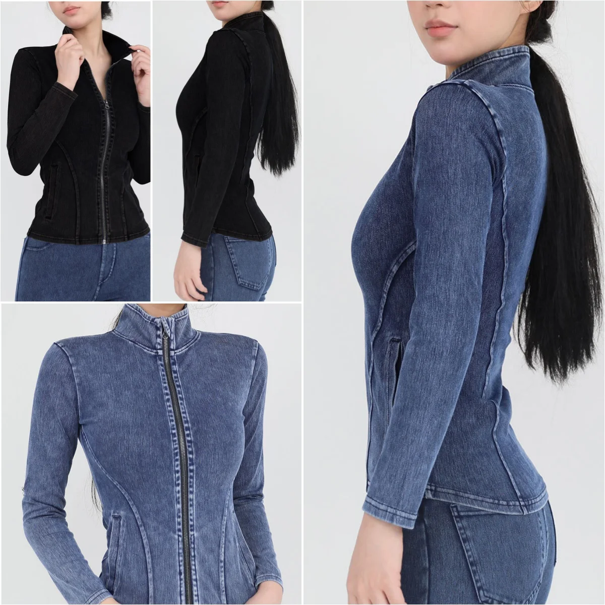 Women Gym Jacket Full Zip Long Sleeve Fitness Top Stretch Denim Coat Slim Fit Women Casual Running Jacket Sports Yoga Sweatshirt Yoga Jacket Sports Jacket