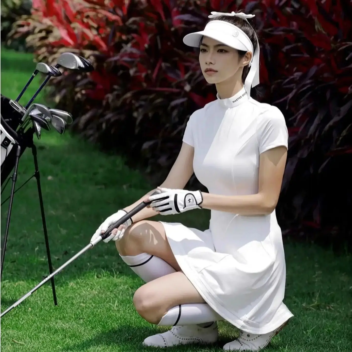 sports ladies short sleeve shirt dress breathable slim fit half high neck dresses woman tennis outdoor golf skirt