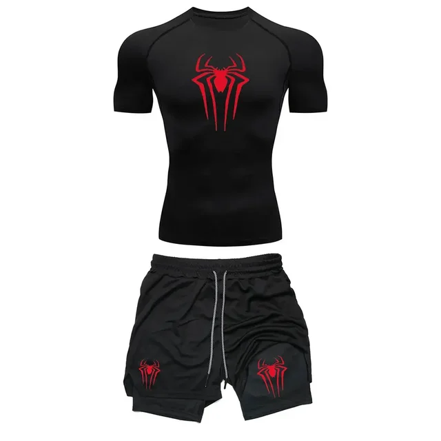 Men S Workout Compression Set Y2k Spider Printed Gym Tshirts Breathable Running Shorts Quick Dry Sports.jpg