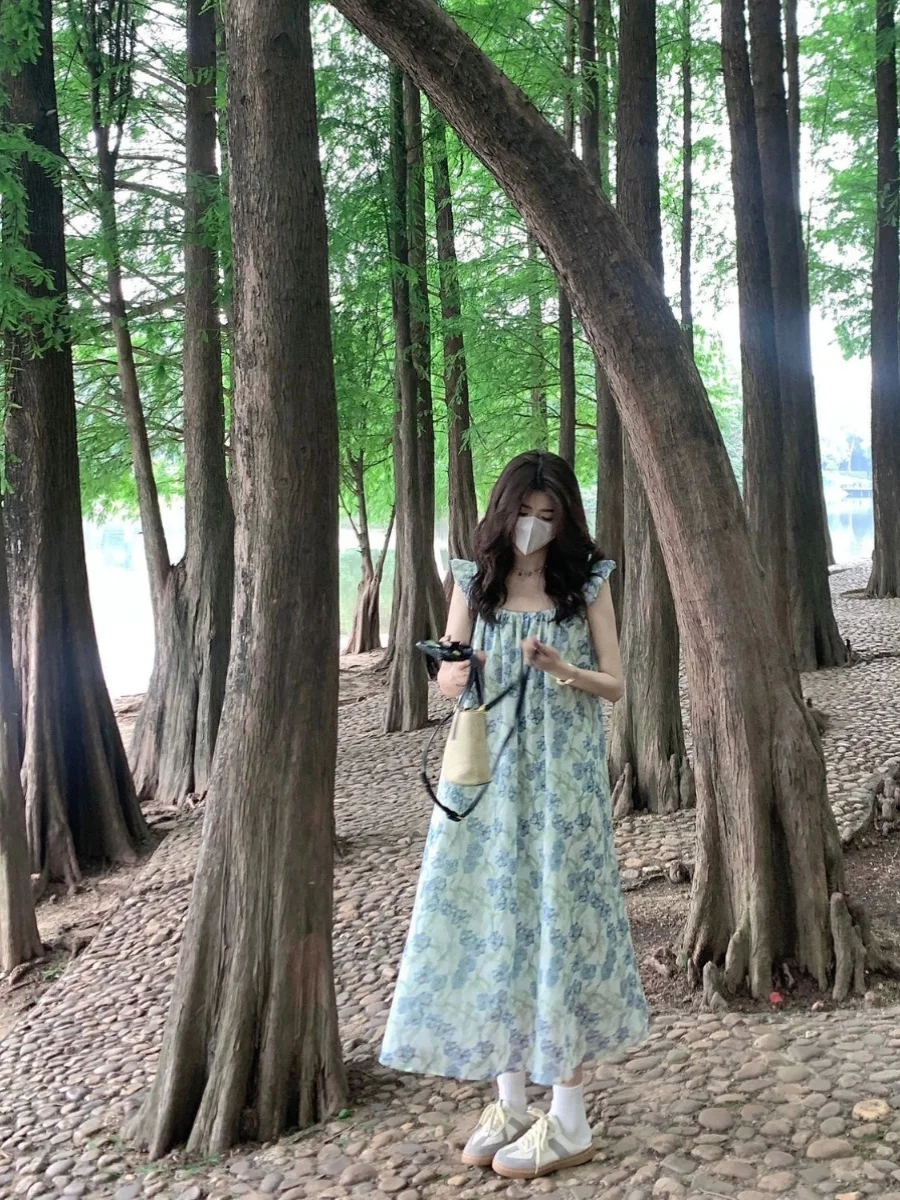 Blue Floral Print Gown Women's Summer 2024 New Style Beach Vacation Strap Long  Dress Commute Korean Version A-Line Skirt - AliExpress 200000345