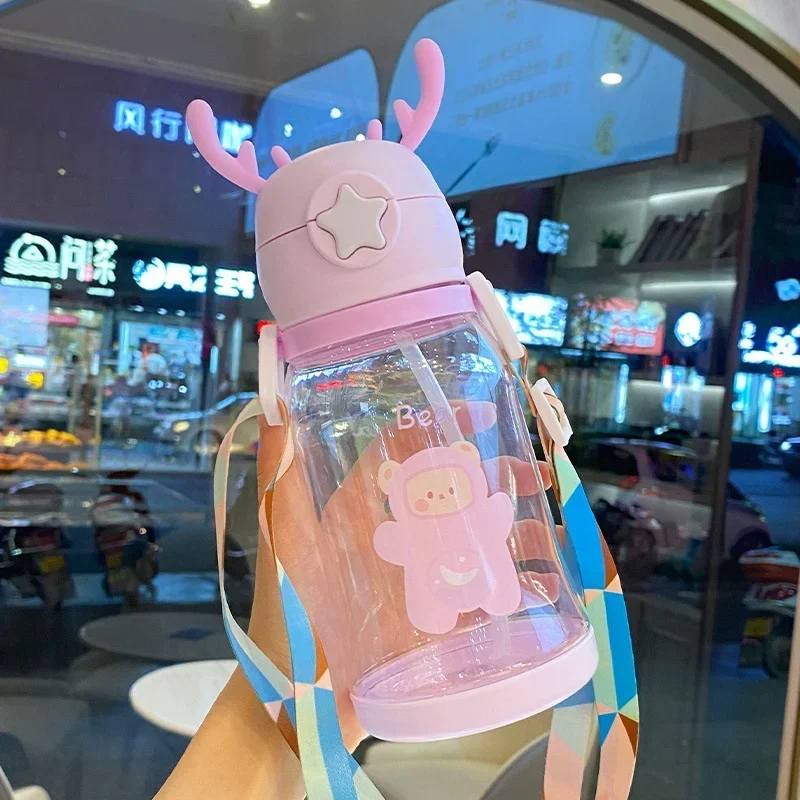 Cartoon Cute Children's Water Bottle Portable Straw Cup Large Capacity Anti Drop Student Bounce Cover Plastic Water Cup Summer
