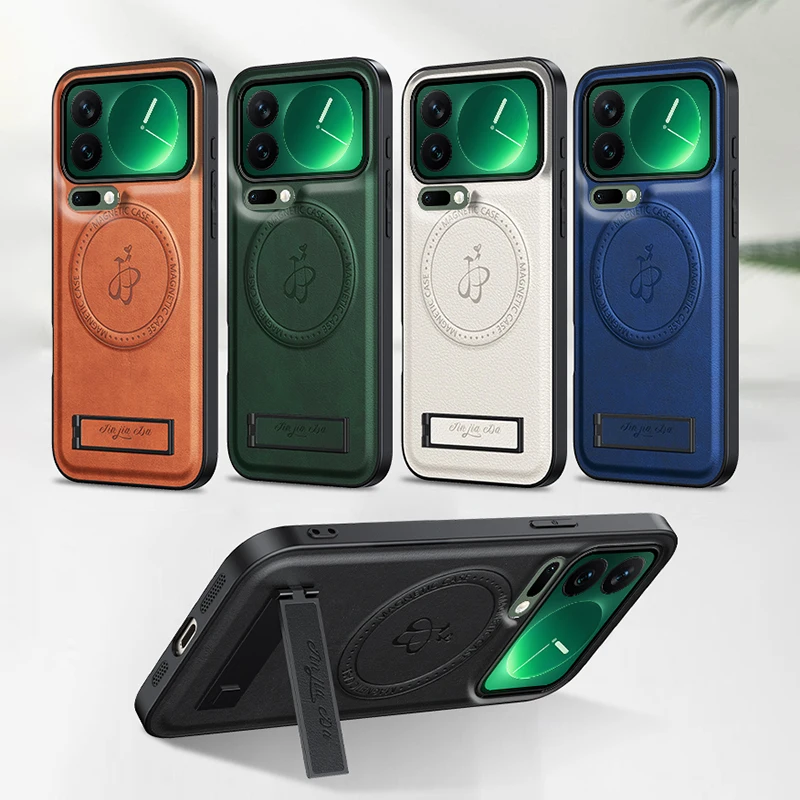 Leather Stand Case with Magnetic Holder and Full Camera Protection - Mag-Safe Charging Compatible Soft Shell Cover