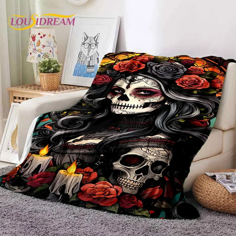 Skull Dead Girl 3D Gothic Horror Female Rose Soft Flannel Blanket Throw Blanket Comfortable Blanket for Picnic Beds Home Bedroom