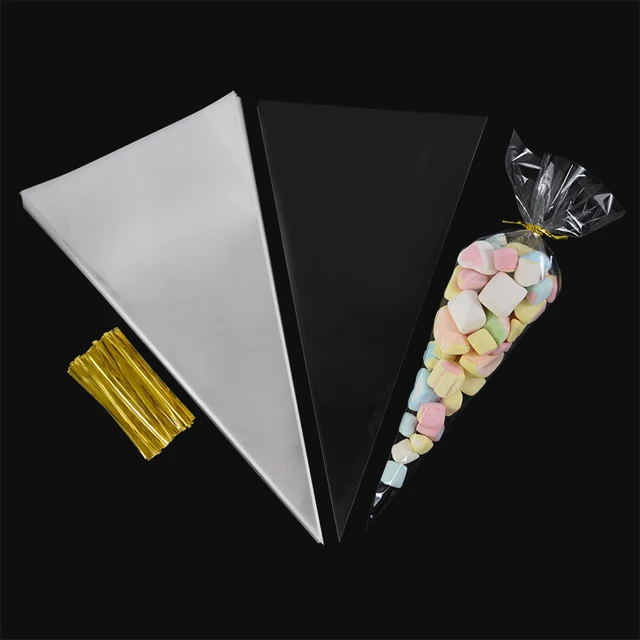 Sacs de rangement de bonbons à cône transparent, 50 pièces, sac en plastique transparent, sacs à bonbons pop-corn pour réception-cadeau pour bébé, sacs de fête de mariage, fournitures 4