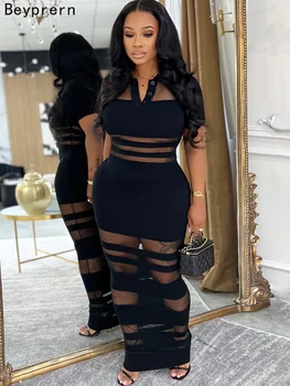 Beyprern Women's See-Through Striped Sheer Polo Maxi Dress Sexy Turn-Down Collars Caged Party Dresses Night Out Vestido Clubwear 1