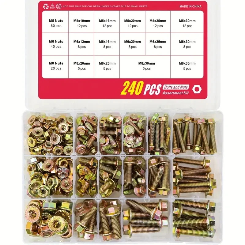 240 sets of 8.8 class flange bolts and nuts M5 M6 M8 metric hex screws in 14 sizes suitable for DIY projects home repairs screw bolt nut set screw washer nut kit