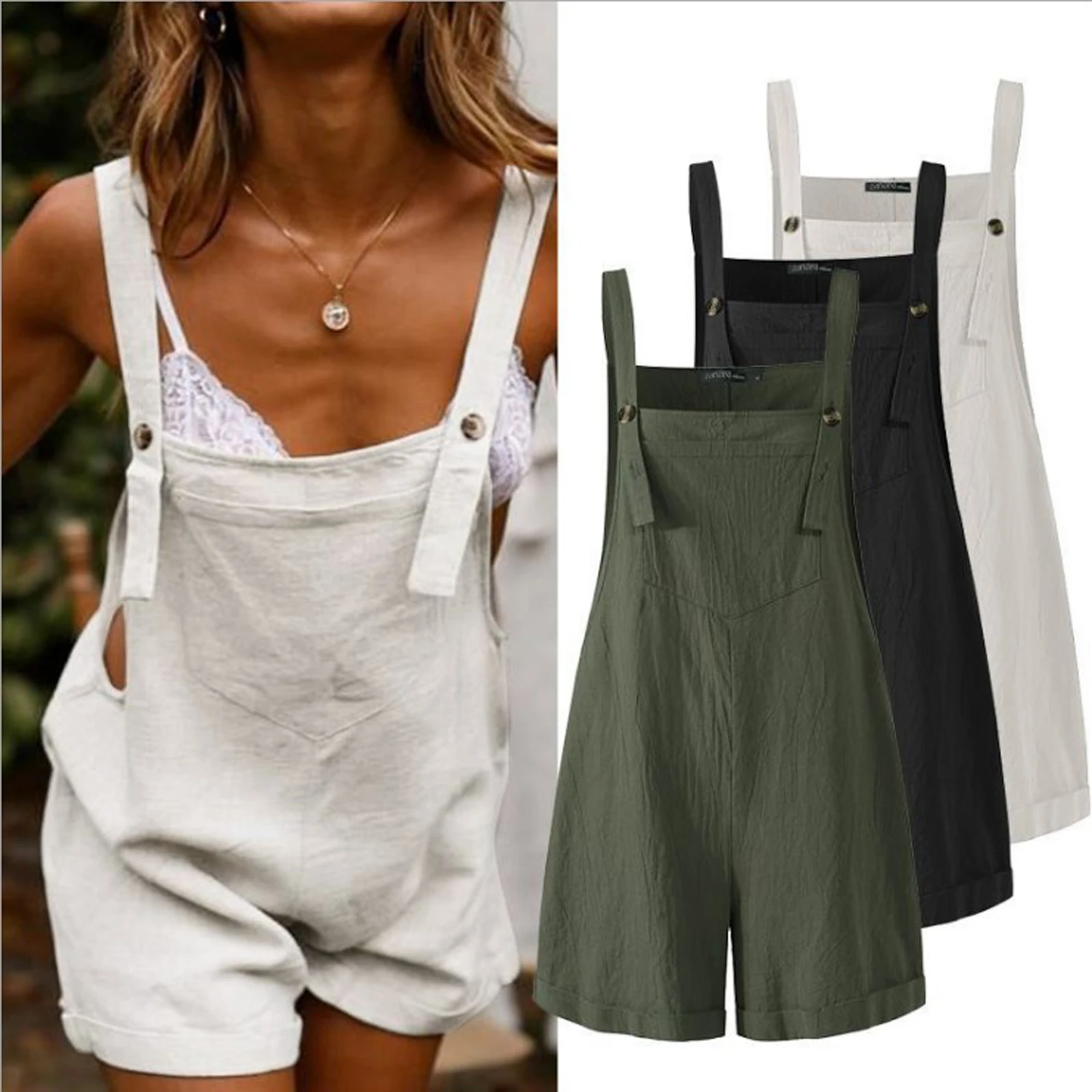 

Women Loose Style Overalls Boho Solid Color Square Collar Playsuits Sleeveless Rompers Summer Casual Clothes