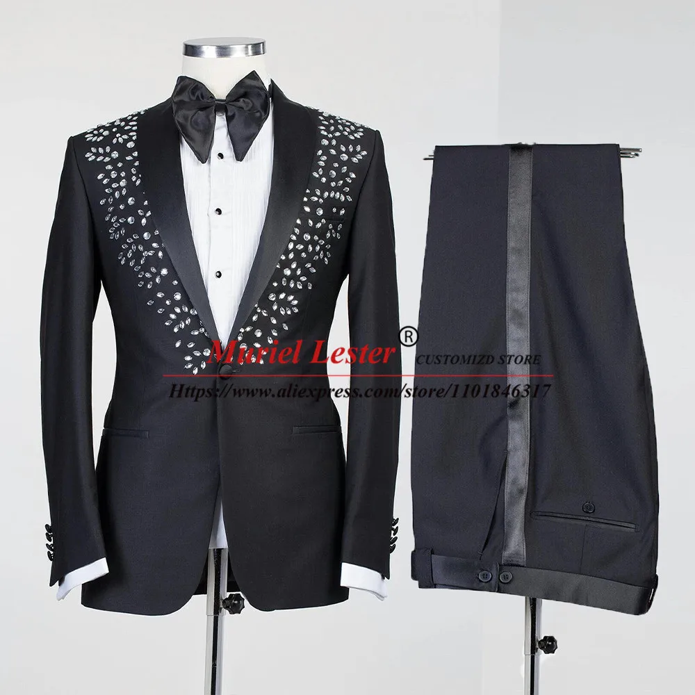 

Elegant Male Marriage Suit Slim Fit Groom Men Tuxedo Crystals Beading Blazer Pants 2 Pieces Single Breasted Jacket Formal Party