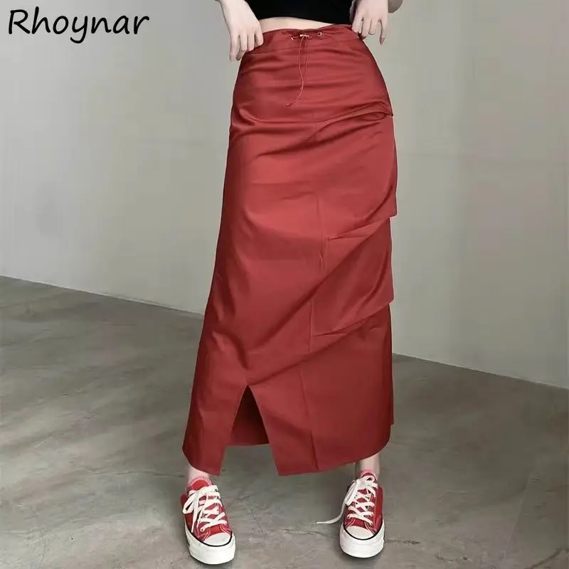 

Skirts Women High Waist A-line Chic Solid Flods Midi Elegant Ladies Casual Style Fashion Side Slit Unique Streetwear Drawstring