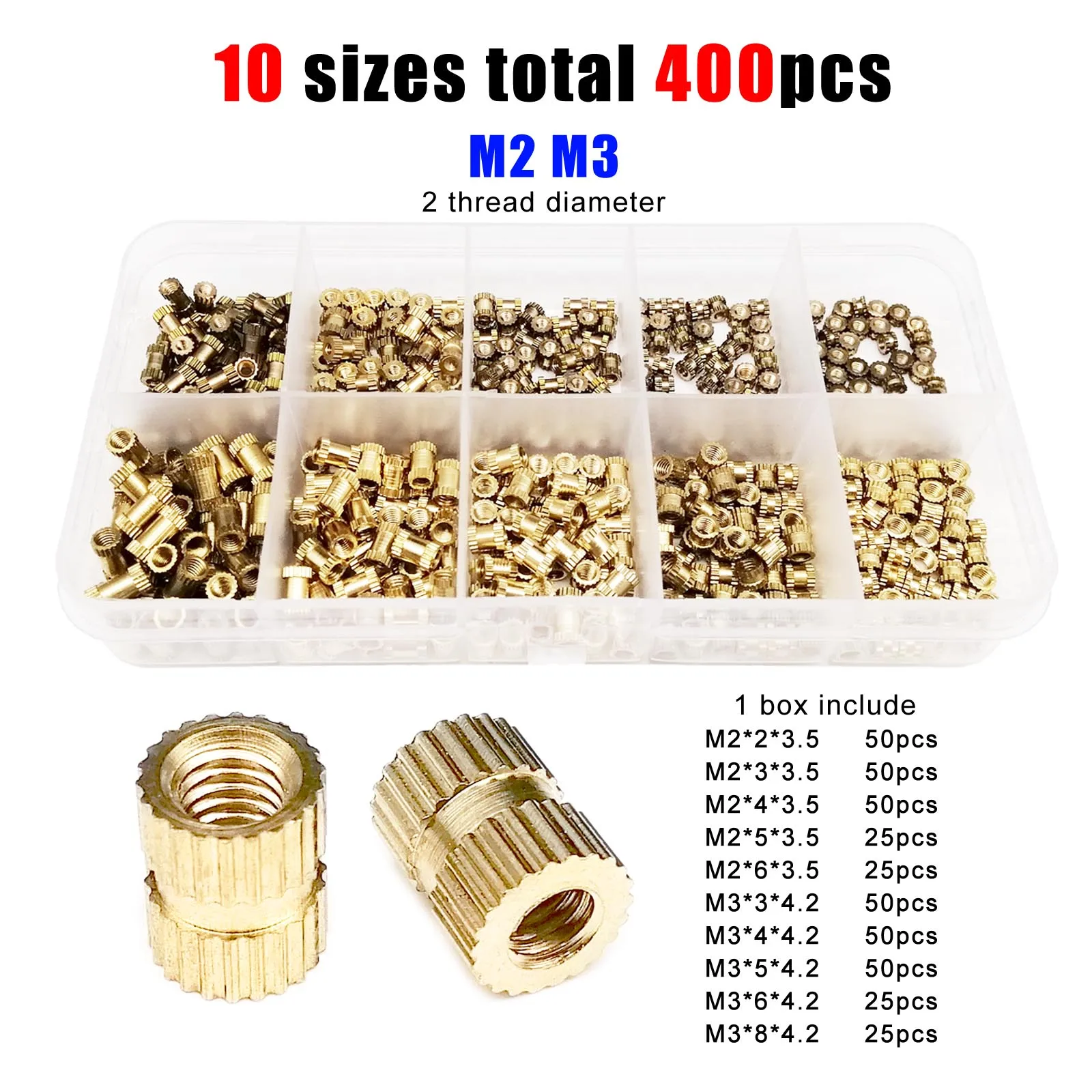 insert nut 375/400pcs Injection Molding Knurl Insert Nut Embedded Nutsert Assortment Kit Set 10 Mix Size M2 M2.5 M3 M4 Solid Brass Copper