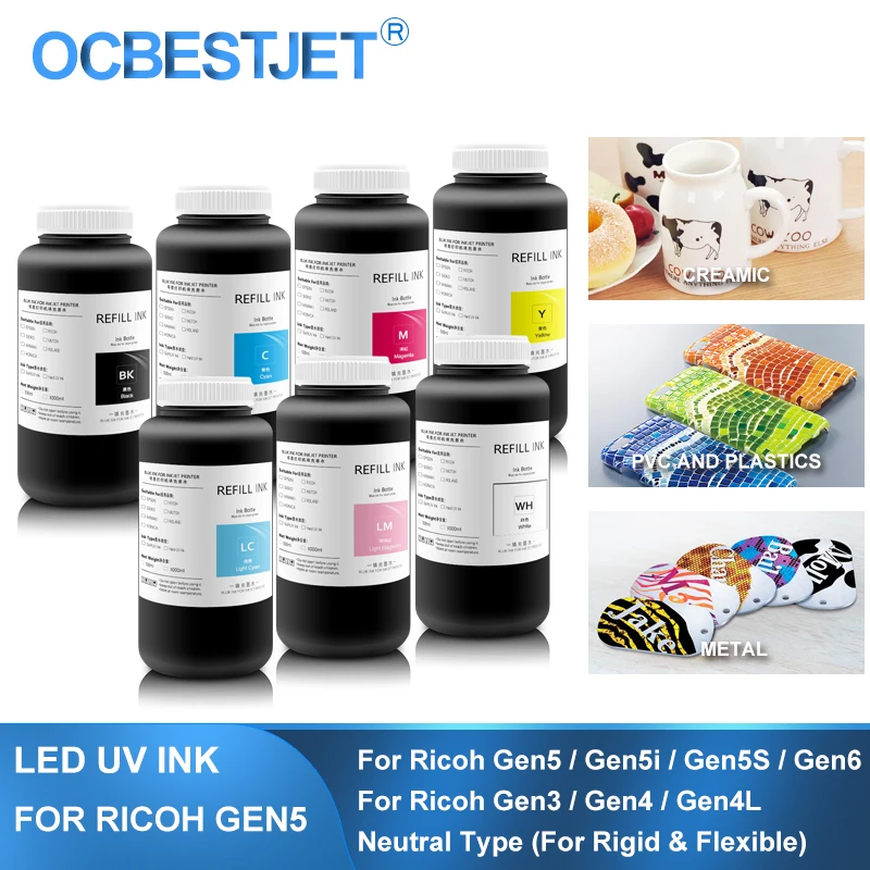 

1000 мл нейтральные светодиодсветодиодный отверждаемые УФ-чернила для Ricoh Gen3 Gen4 Gen4L Gen5 Gen5i Gen5S Gen6 G3 G4 G5 G5i G6 Печатающая головка для металлического стекла