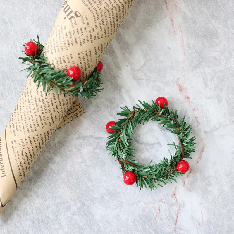 Merry Christmas Red Berry Pine Needle Wreath Design Napkin Ring Christmas Table Decorations For 2025 Xmas Navidad Party Supplies