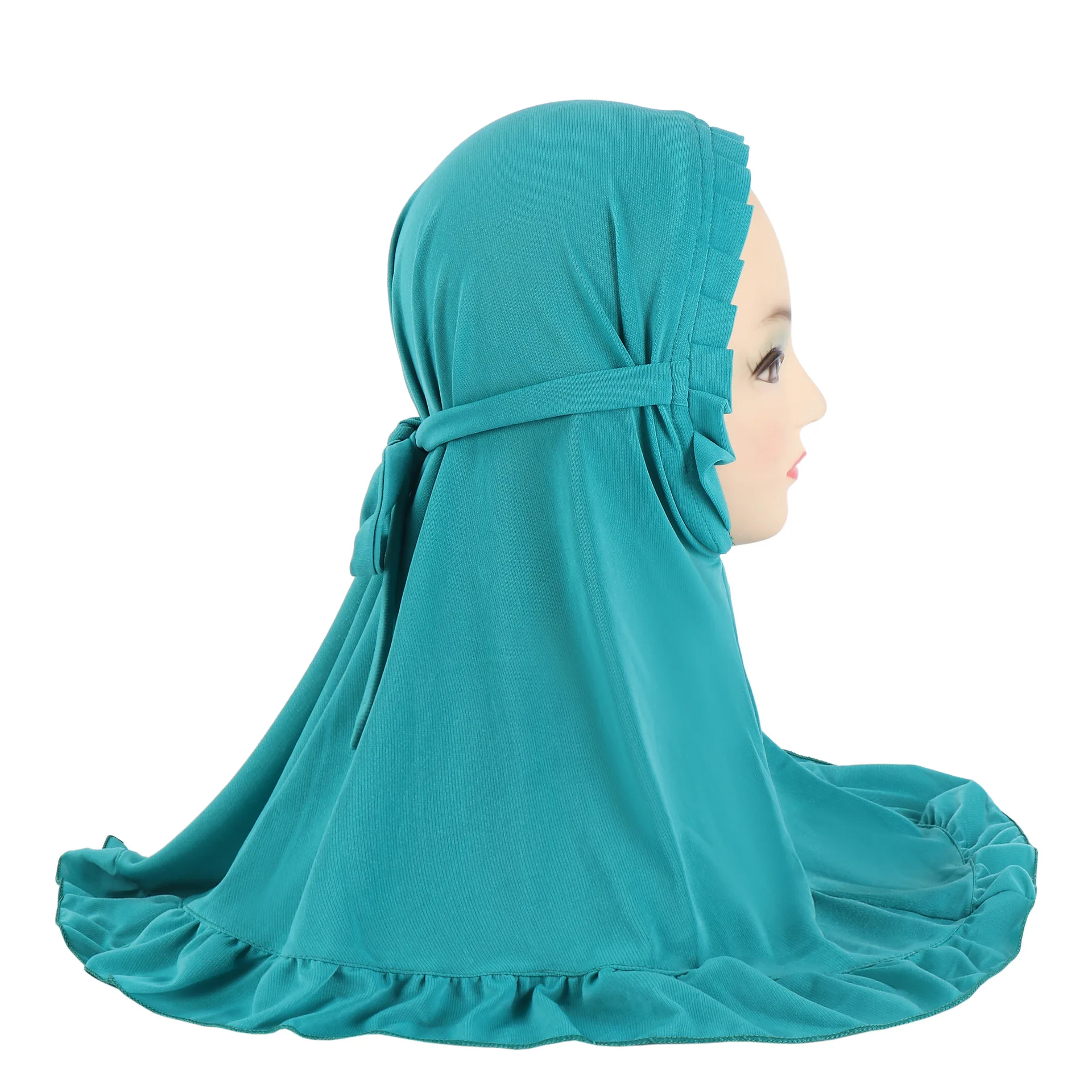 Muslim Girls Wear Dirctly Instant Hijab Child Patchwork Flounce Scarf Arab Solid Color Shawls Islamic Prayer Eid Ramadan Turban