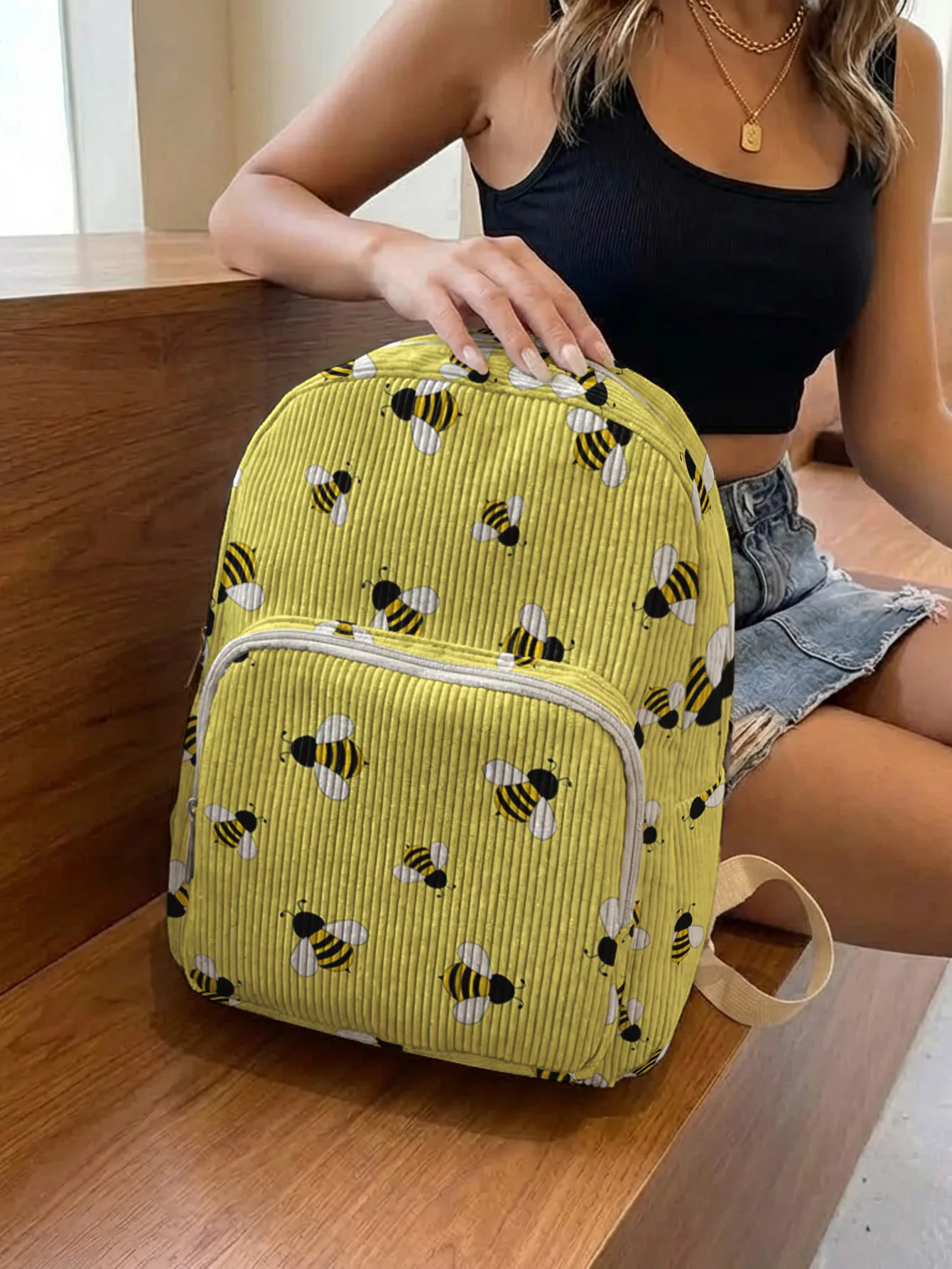 Yellow Bee Allover Print Women Fashion Backpack Corduroy Multi-pocket Large Capacity Commuter Bag 4
