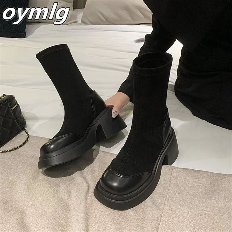 2023Autumn/Winter New Thick Sole Square Head Thick Heel Mid Sleeve Back Zipper Women's Short Boots Super High Heel Fashion Boots