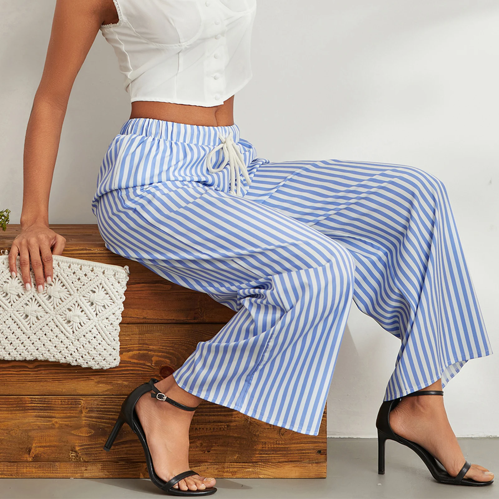 Women Y2k Pants Striped Wide Leg Pants Casual Comfy Drawstring Elastic Waist Pajama Pants Loungerwear