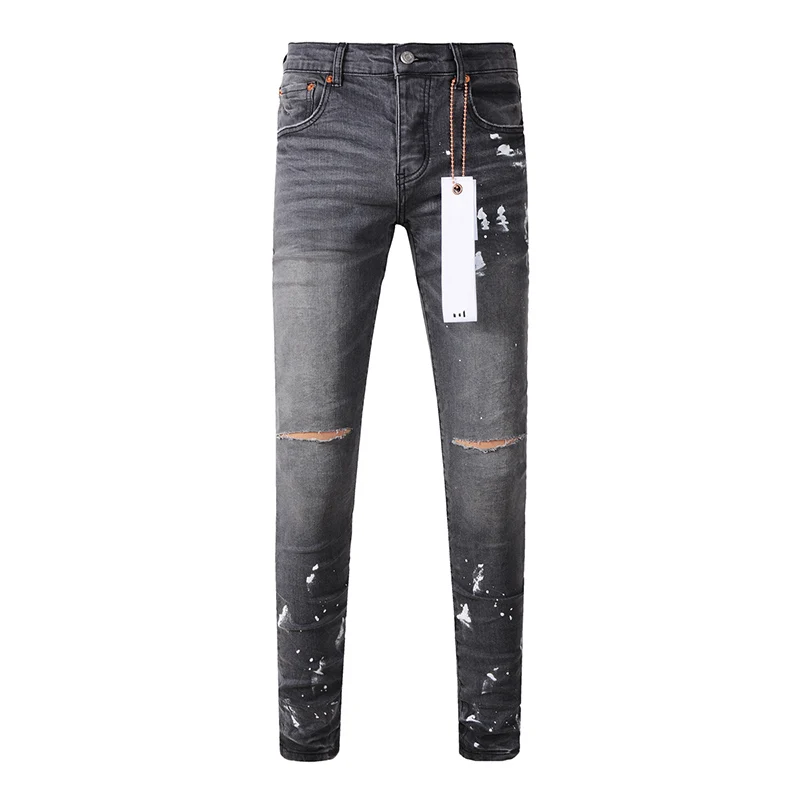 Americans High Street Style Distressed Ash Gray Skinny Button Fly Slim Fit Damaged Holes Ripped Jeans