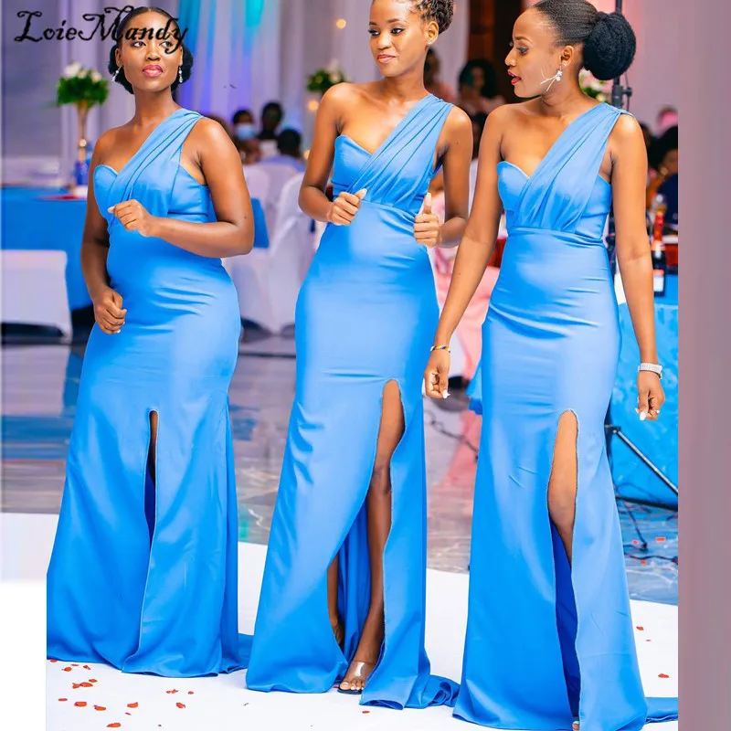 

One Shoulder Side Split Bridesmaid Dresses Mermaid Long Black Girls Trumpet Wedding Guest Gowns Formal Light Blue Maid Of Honor