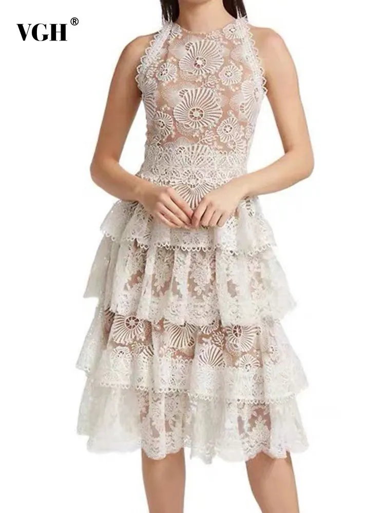 

VGH Patchwork Lace Ball Gown Dress For Women Round Neck Sleeveless High Waist Print Temperament Dresses Female Fashion Clothes
