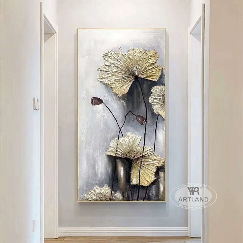 

Nordic Modern Lotus Leaf And Lotus Canopy Handmade Oil Painting For Home Decoration Bedroom Dining Room Living Room Sofa Mural