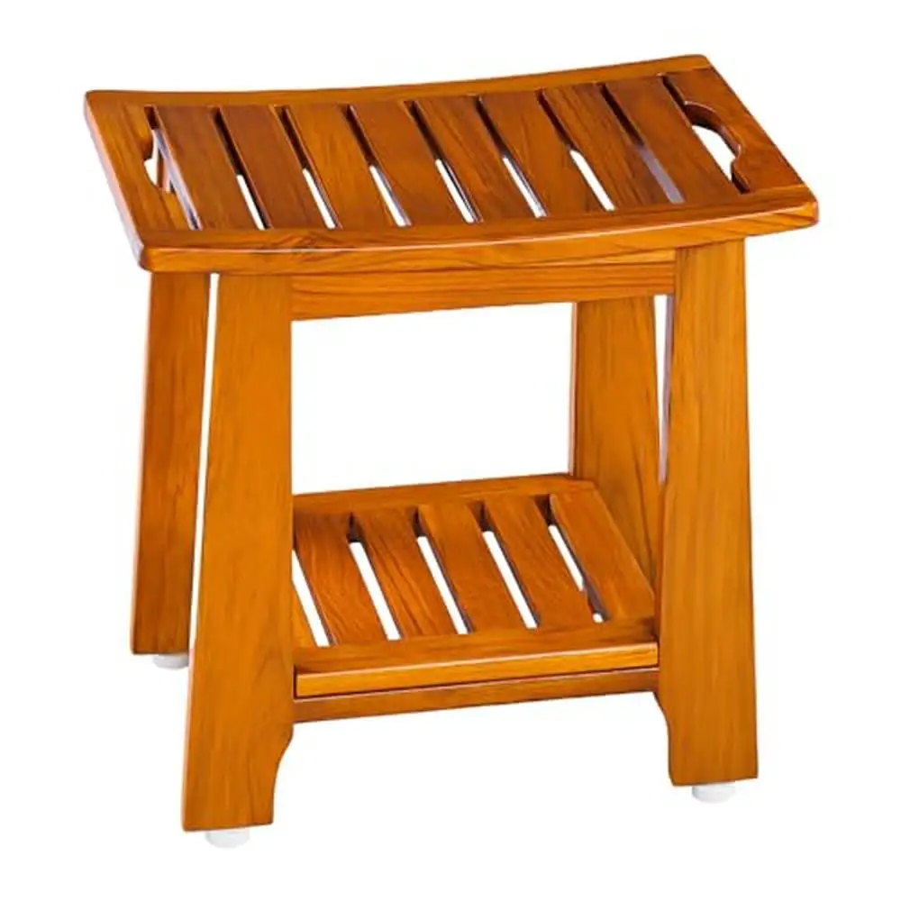 Teak Spa Shower Bench Seat with Handle Shelf Waterproof Bathroom Stool Indoor Outdoor 18 Inch Durable Solid Wood Non-Slip Legs 2