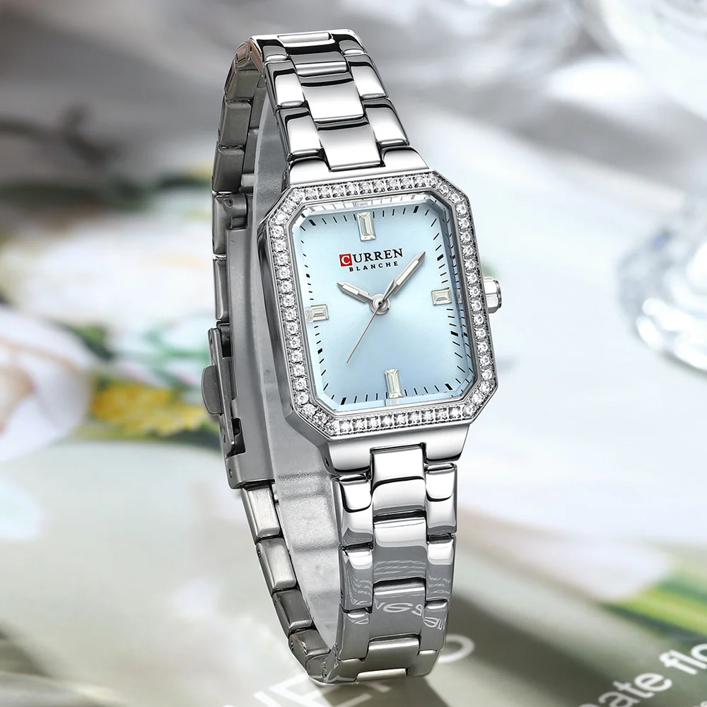 CURREN Luxury Brand Watches for Women Simple Rectangular Dial with Sparkling Rhinestones Casual Quartz Wristwatch with Luminous 4