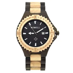 Men's Tactile Wooden Wristwatch with Dual Time & Date Display, Lightweight Quartz Movement, Robust Fold Buckle (023A)