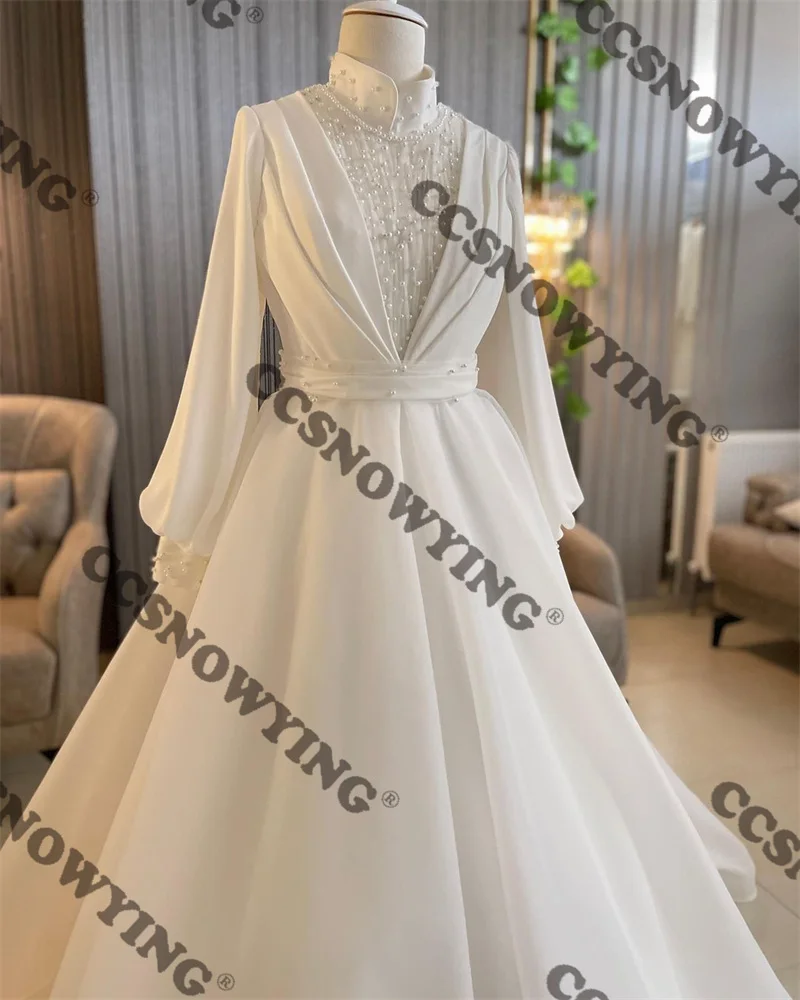 

Elegant Organza Pearls Long Sleeve Muslim Wedding Dresses High Neck Appliques Islamic Bridal Gown Arabic Dubai Robe De Mariée