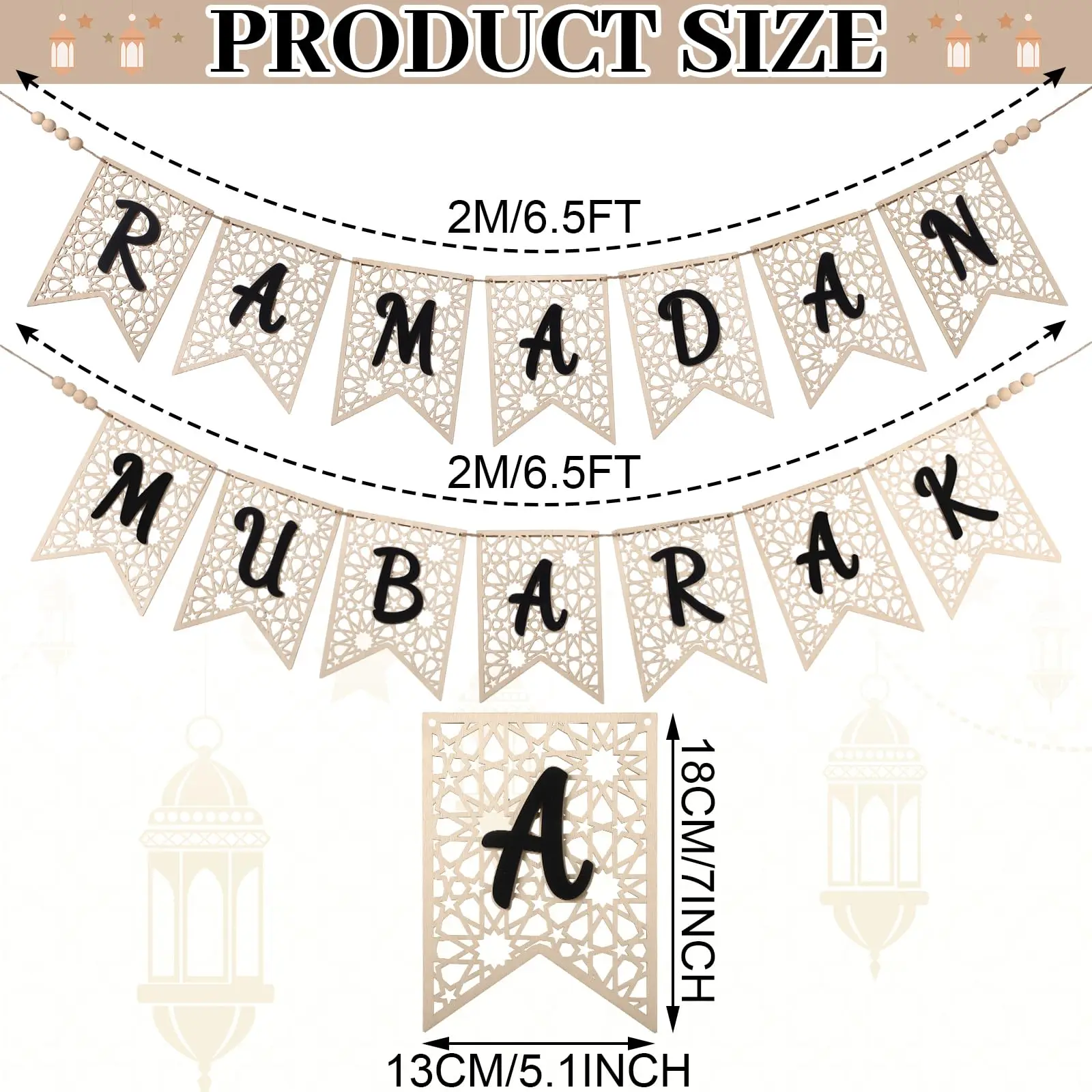 Eid Ramadan Decoration Mubarak Banner Wooden Decorations Rustic Bead Banner Eid Al-Fitr Party Decor Supplies For Home Decoration