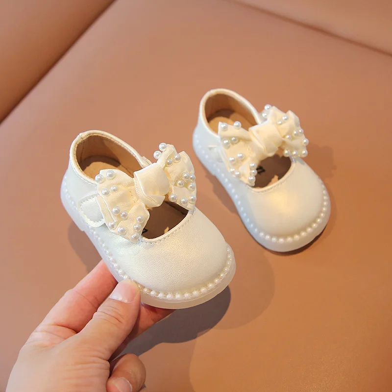 Baby Girls Leather Shoes Soft Soled Big Bow Low Cute Heel Flower Wedding Party Dress Shoes Princes Kids Toddler PU Leather