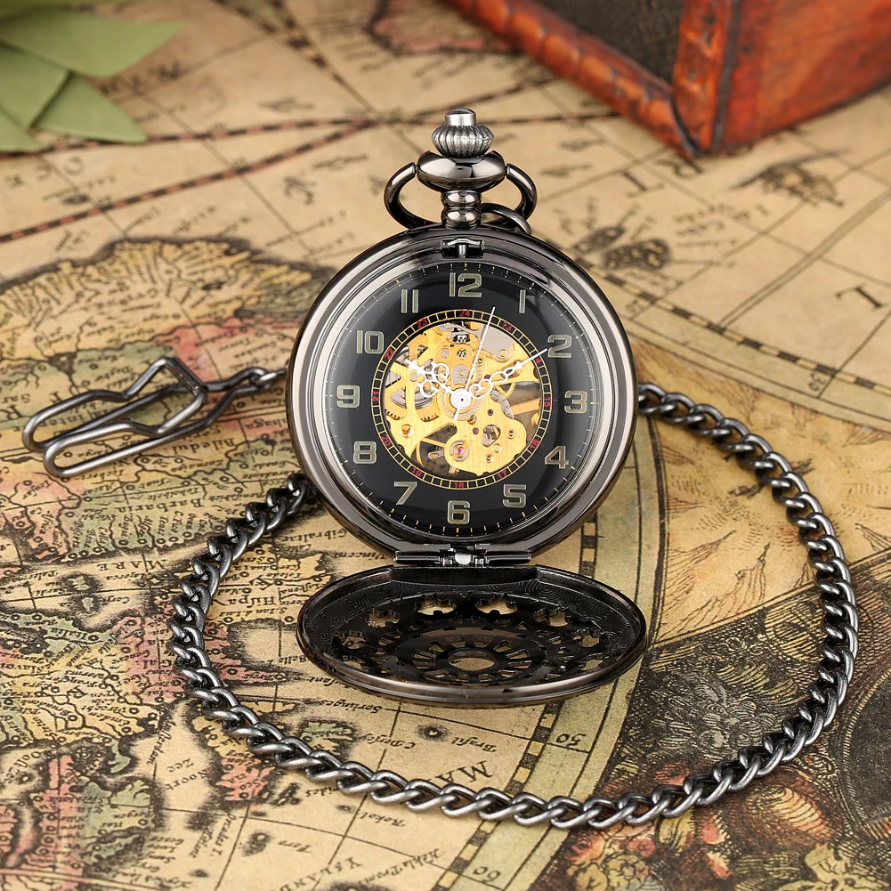 Steampunk Hollow Black 기계식 손으로 감는 회중 시계 남자 FOB 체인 펜던트 시계 로마/아라비아 숫자 다이얼 시계